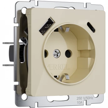 Розетка с заземлением, шторками и USB тип A+C WERKEL W1171743 (айвори акрил)