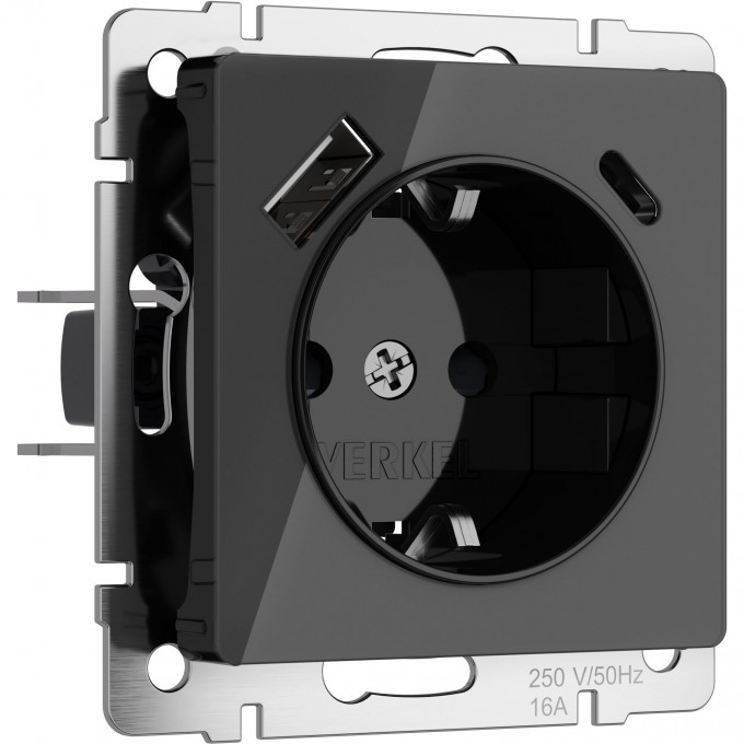 Розетка с заземлением, шторками и USB тип A+C WERKEL W1171748 (черный акрил) a064044 Розетка с заземлением, шторками и USB тип A+C WERKEL W1171748 (черный акрил) a064044