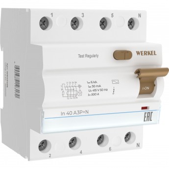 Устройство защитного отключения WERKEL W914P406 3P+N 40 A 30 mА АС 6 kА